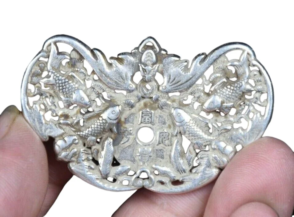 

5.1CM Old China Miao Silver Feng Shui Fish Bat Butterfly Shape Amulet Pendant