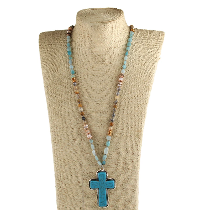 RH Fashion Jewelry Accessory 6mm Natural Stones Beads Knotted  Cross Charm Pendant Necklaces For Festival Gift Dropship