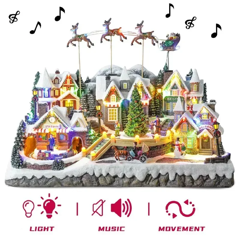 New Christmas Gift, Old Man Snow Mountain Light Train Flying Deer Large Collection Music Box Ornaments, Creative Decorations