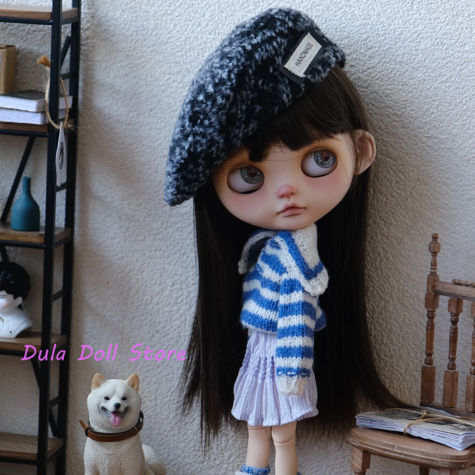 

Dula Doll Clothes Handmade shawl-collar blue and white striped sweat for Blythe Landoudou Landazz Qbaby ob24 ob22 Azone Bjd Doll