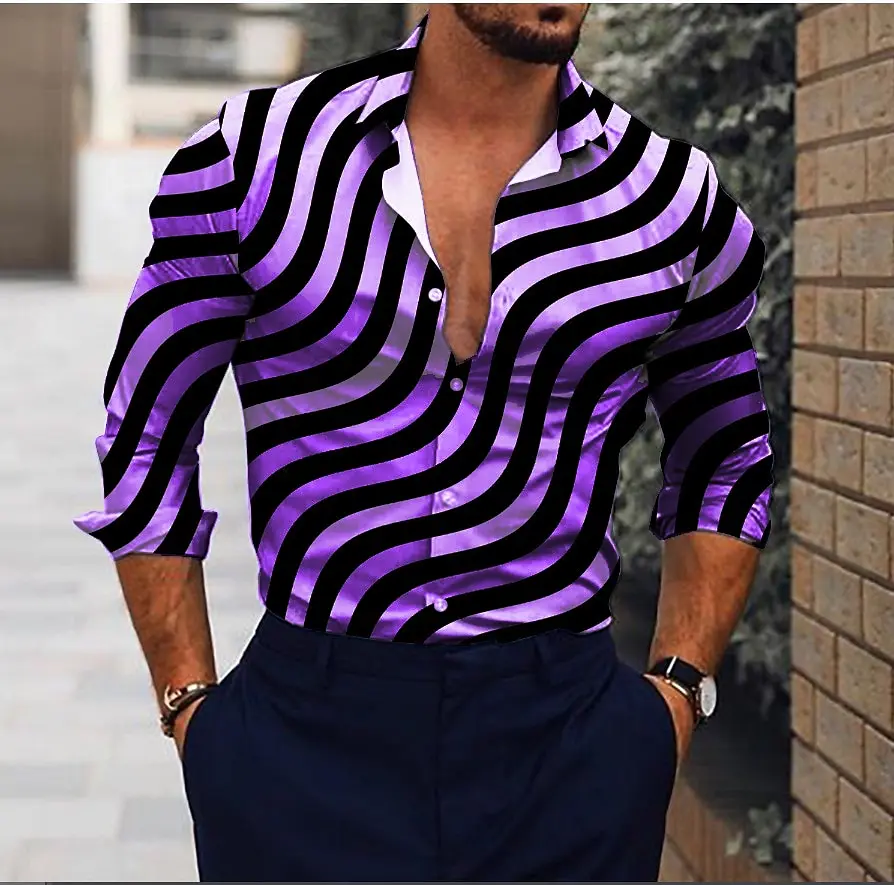 Men\'s Shirt Graphic T-Shirt Striped Lapel Black and White Daily Casual Long Sleeve Clothing Party Design Casual Shirt