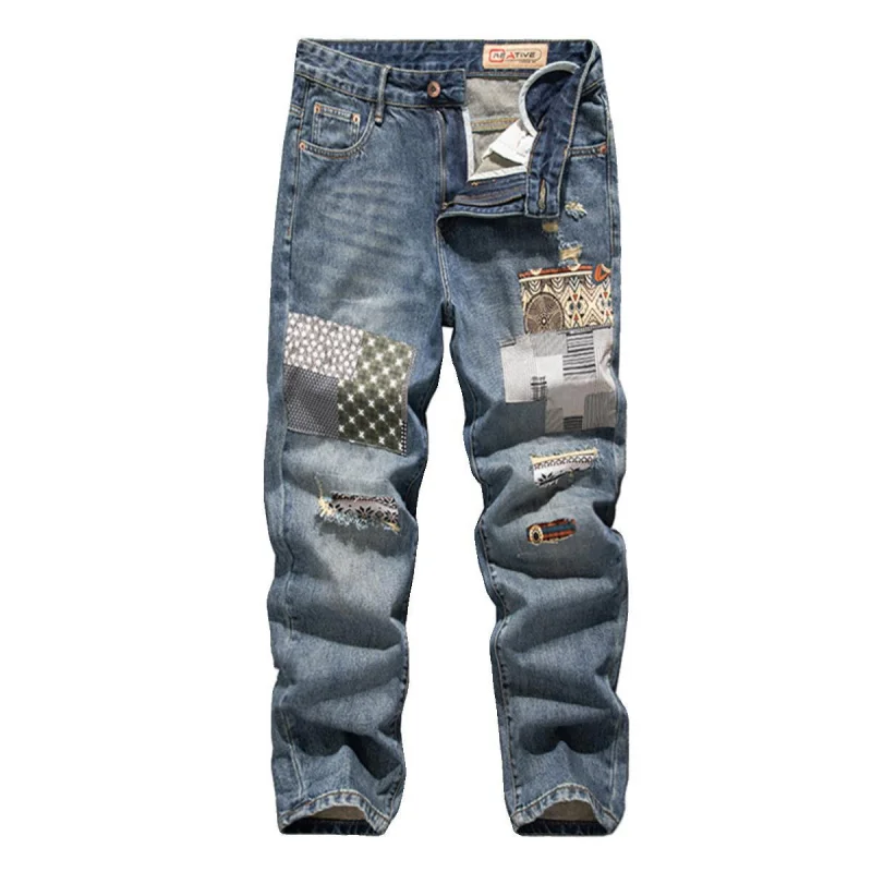 الكورية الرجعية المتعثرة التصحيح فضفاض مستقيم الساق الجينز الرجال العصرية حجم كبير الملابس الرجالية السراويل القماش المرقعة #5