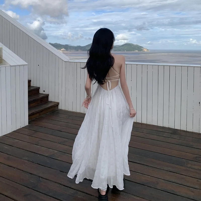 Summer Blue Wave Backless Dress Bodycon Waist Maxi Dresses Beach Vacation Backless Dresses Slim Fit Long Dresses