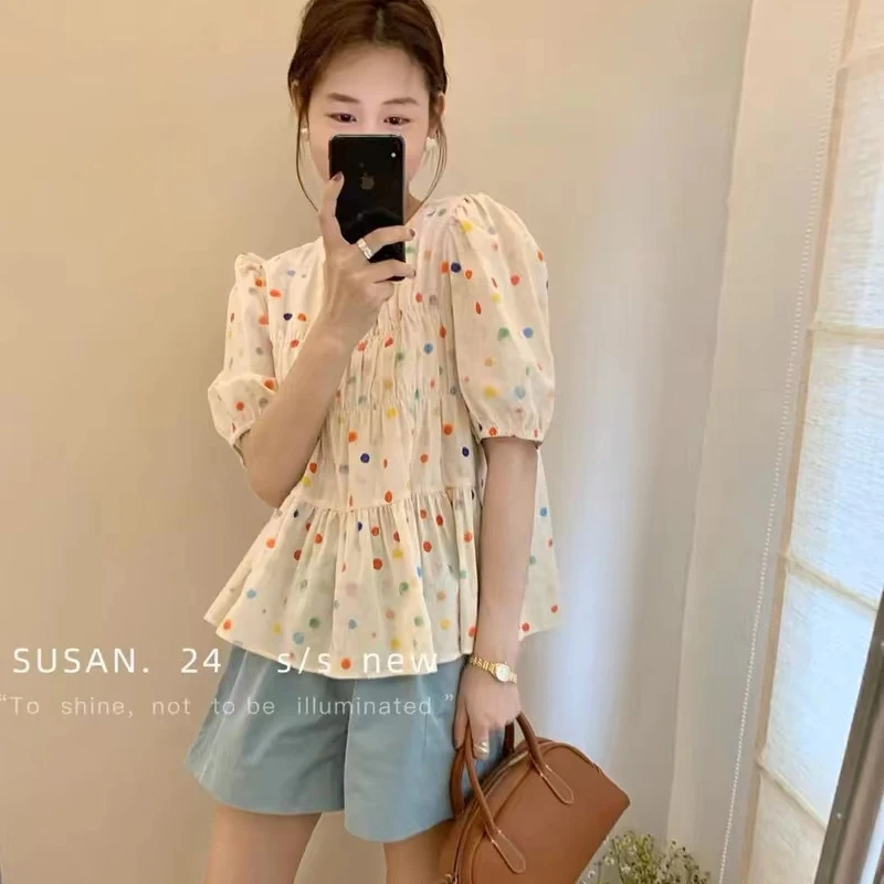 Colorful Polka-dot Short sleeve Puff Sleeve Shirt Women  Summer New Korean Sweet Round Collar Pleated Loose Tops Clothes 1975