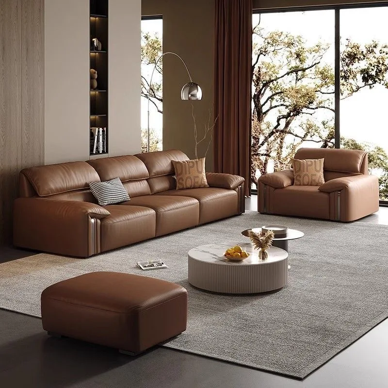 #Genuine Leather Elephant Ear Sofa Modern Minimalist Retro New Style Straight-Row Sofa for Small-Space Living Rooms