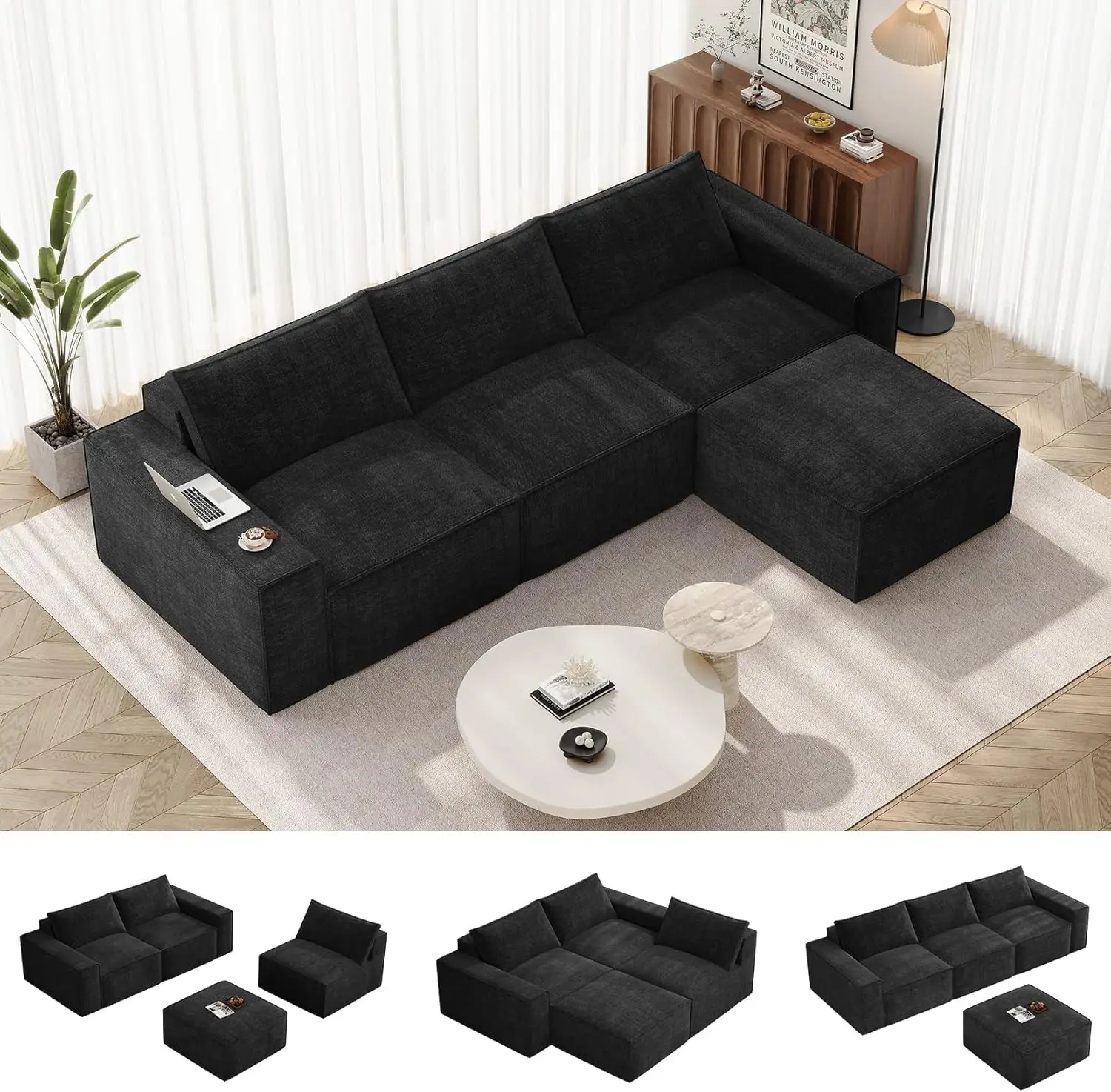 

114 Modular Sectional Boneless Couch Modern 3 Seater Sofa with Ottoman Deep Seat Convertible Chenille L Shaped Cloud Couches