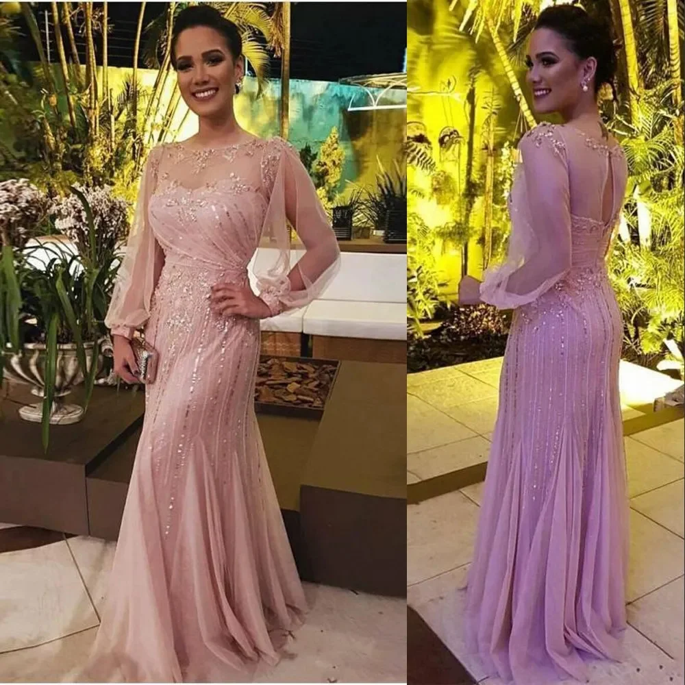 2023 elegante a linha rosa mãe da noiva vestido jewel neck mangas compridas lantejoulas contas de cristal tule formal festa de noite vestido