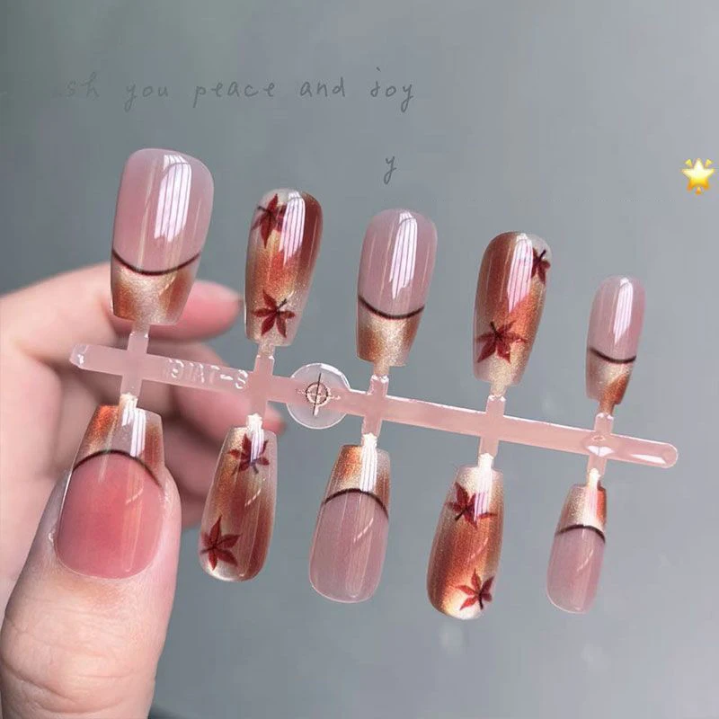 10pcs Mid Square Press On False Nails Brown Maple Leaf Fake Nails Art Simple Reusable Finished Full Cover Nails Tips