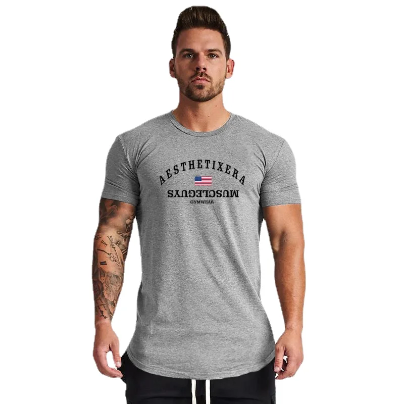 Muscleguys Summer New Arrival Fashion O-neck Mens Cotton Slim Fit Breathable Gym Sports Bodybuilding Fitness T-shirt