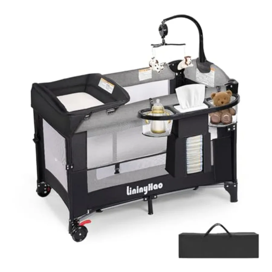 

4 in 1 Hght Adjustable Baby Playard Foldable Nursery Center with Music Box Toy Rack Side Storage Changing Table Large Portable