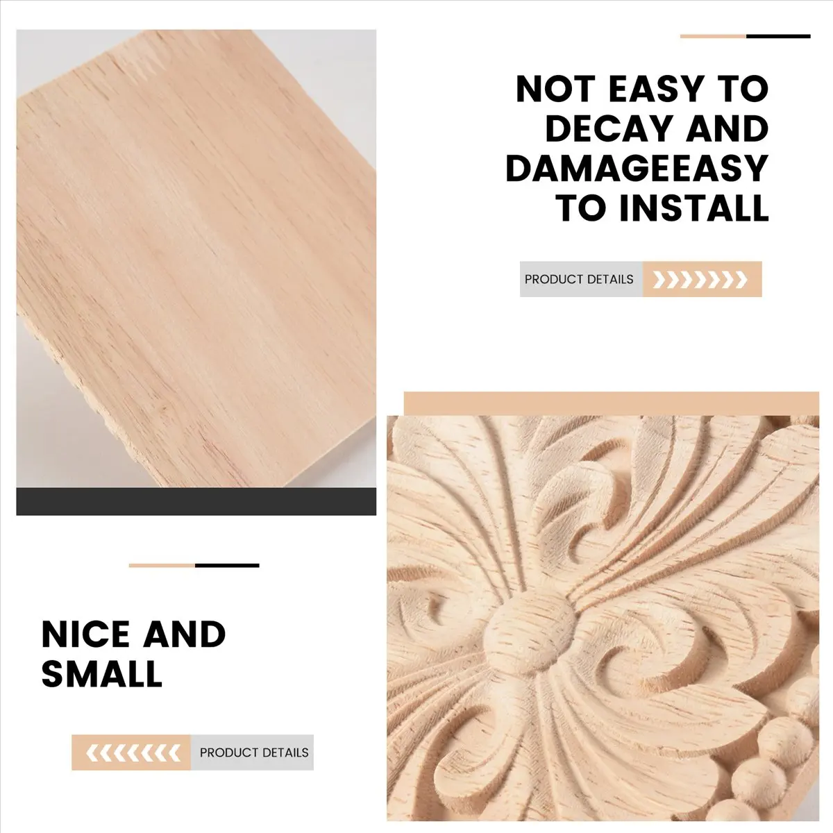 BHBL Natural Wood Appliques Square Flower Carving Decals Decorative Wooden Mouldings for Cabinet Door Furniture Decor Craft 10x1