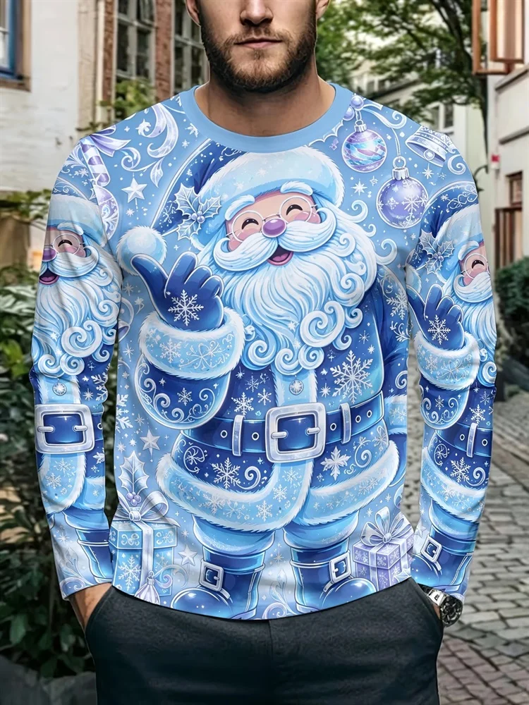 Men's Christmas Santa Claus Heart Hands Long Sleeve T-Shirt Blue Snowflake Moon Graphic Tee Xmas Holiday Pullover Tops Gift