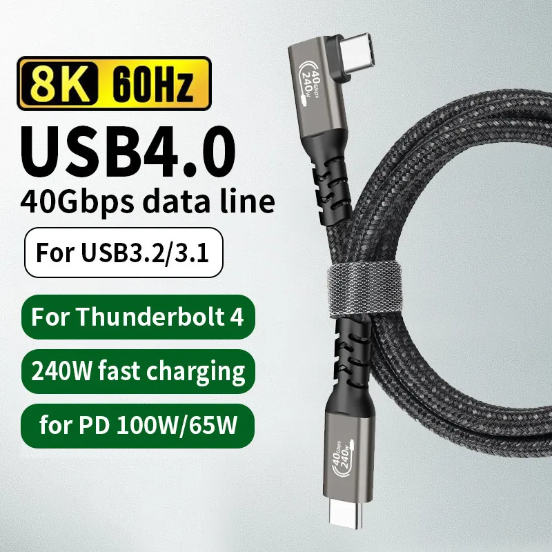 كابل Hannord Thunderbolt 4 90 درجة USB 4 من النوع C إلى USB C 40 جيجابت في الثانية 8K PD 240 وات سلك بيانات سريع الشحن لجهاز Macbook Pro iPad SSD