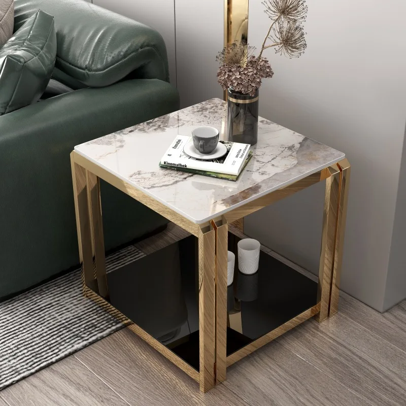 Stainless steel sofa side table light luxury side cabinet high-end square table living room marble small coffee table Pandora