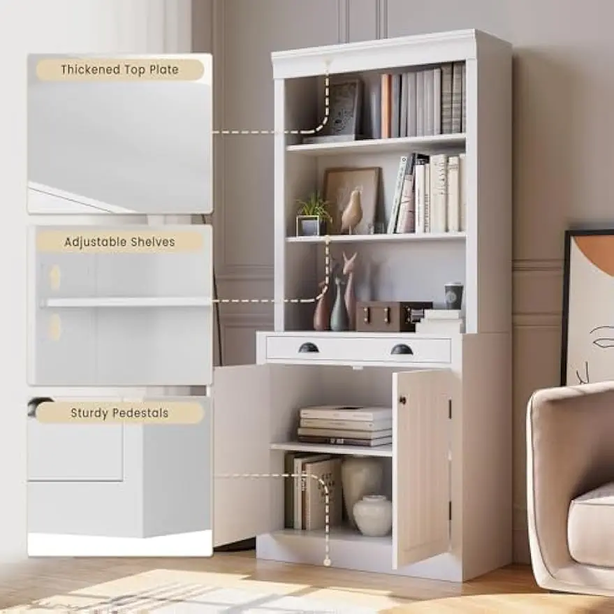 5-Tier Bookshelf, 70 Inch Tall Bookcase with 2 Doors and 1 Drawer, Modern Pantry Sideboard with Adjustable Shelf