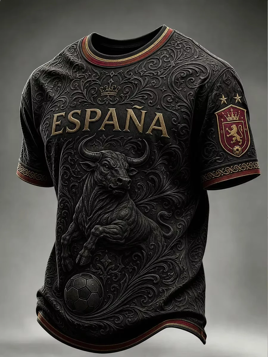 2026/27 3D Printed Spain Soccer Jersey Black Vintage Ornate Floral Print Charging Bull Football Graphic Lion Crest Casual Fan
