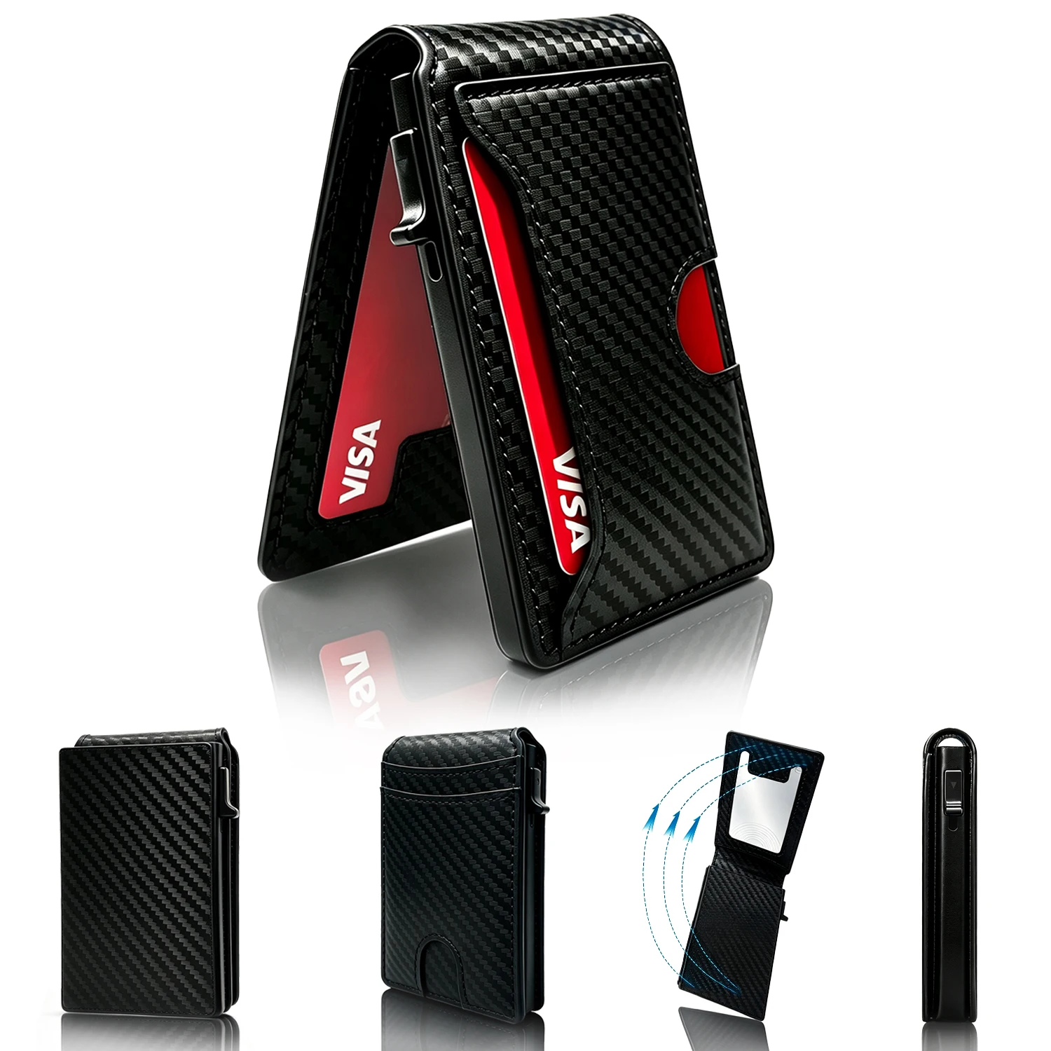 Men's RFID Blocking Card Holder, Carbon Fiber Texture PU Leather Slim Wallet with Pop-Up Card Case, ID Window, Magnetic Closure