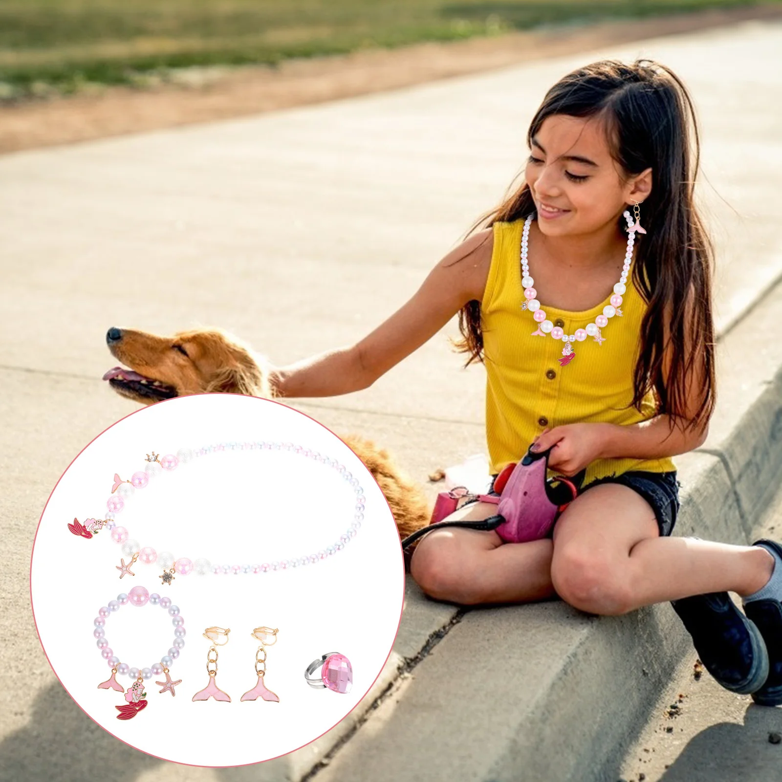 

4 Pcs/Set Mermaid Accessories Cartoon Alloy Necklace Dangler Bracelet Child Girls