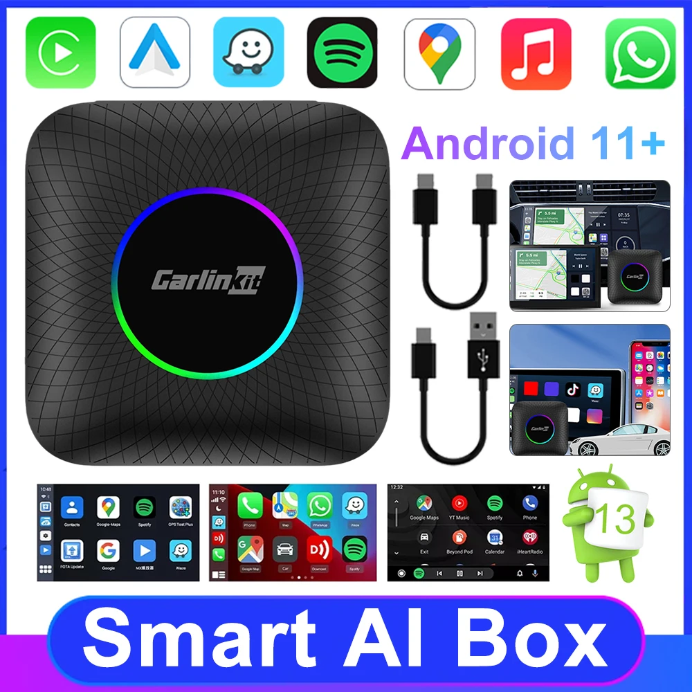 CarlinKit CarPlay Smart AI Box Auto SM6225 2.4+5G 64G 128G WiFi Android 13.0 GPS CarPlay Wireless Adapter Car LED Android TV Box