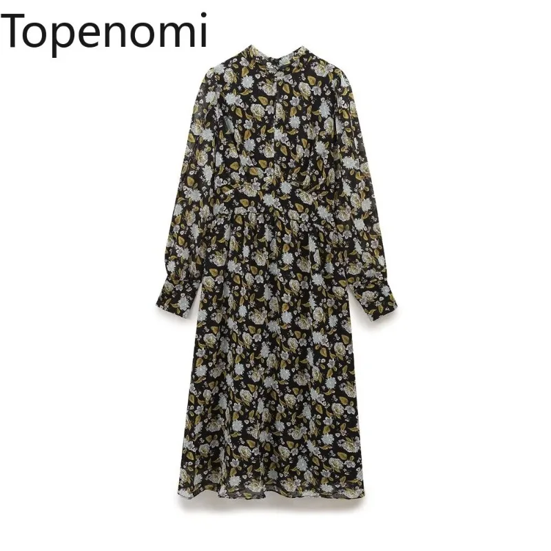 Topenomi Vintage Printed Long Sleeve Dress Women French Elegant Stand Collar Waist Casual Long Dresses Autumn Vestidos De Mujer