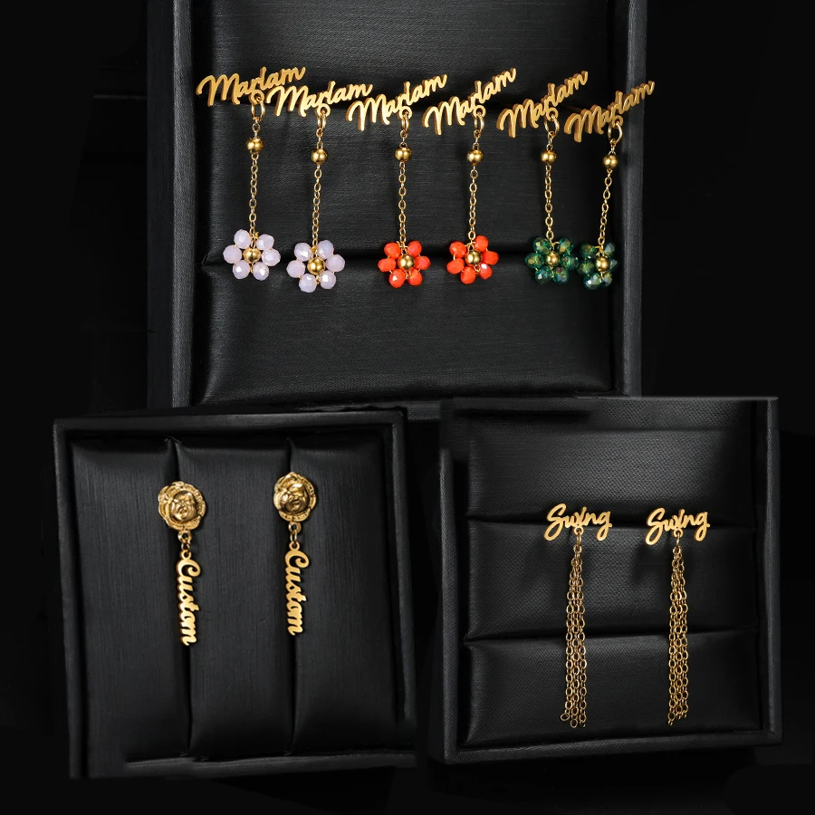 

Acheerup Personalized Custom Name Stud Earrings for Women Stainless Steel Flower Chain Dangle Earring Jewelry Christmas Gifts