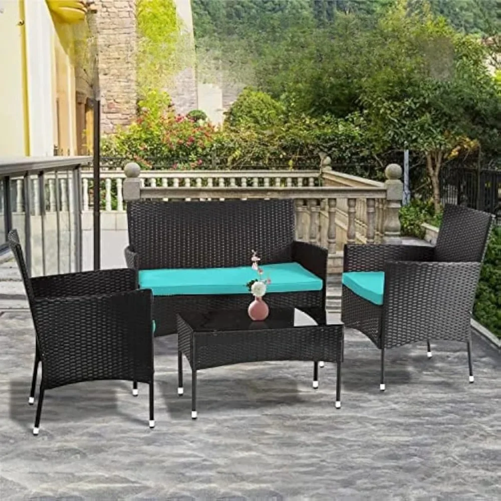 

Rattan Furniture Wicker Chair Patio Conversation Set for Outdoor Indoor Use,Coffee Table,Blue Cushion, 4-Piece
