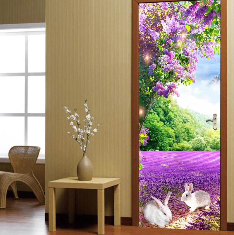 

Papel de parede cute bunnies beautiful purple flower landscape door sticker bedroom door wallpaper mural , home decoration