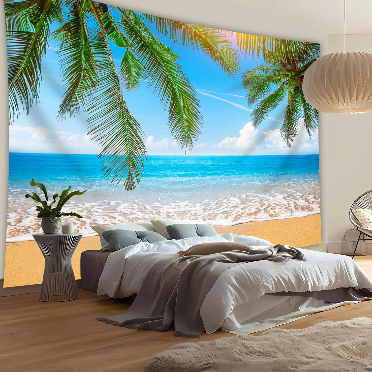 1pc Ultra Large Tropical Beach Tapestry - Vibrant Coconut Trees & Ocean Waves Landscape Digital Print on Premium Polyester