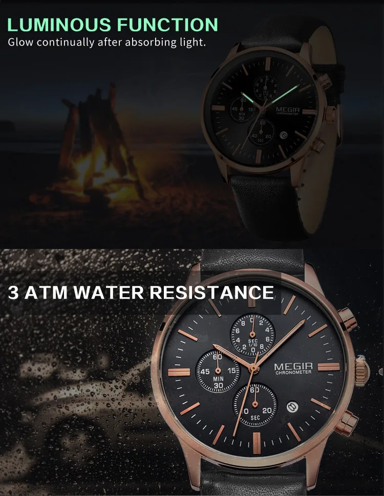 MEGIR 2011 Classic Men Quartz Watch Leather Strap Calendar Chronograph Luminous Waterproof Business Luxury Watches