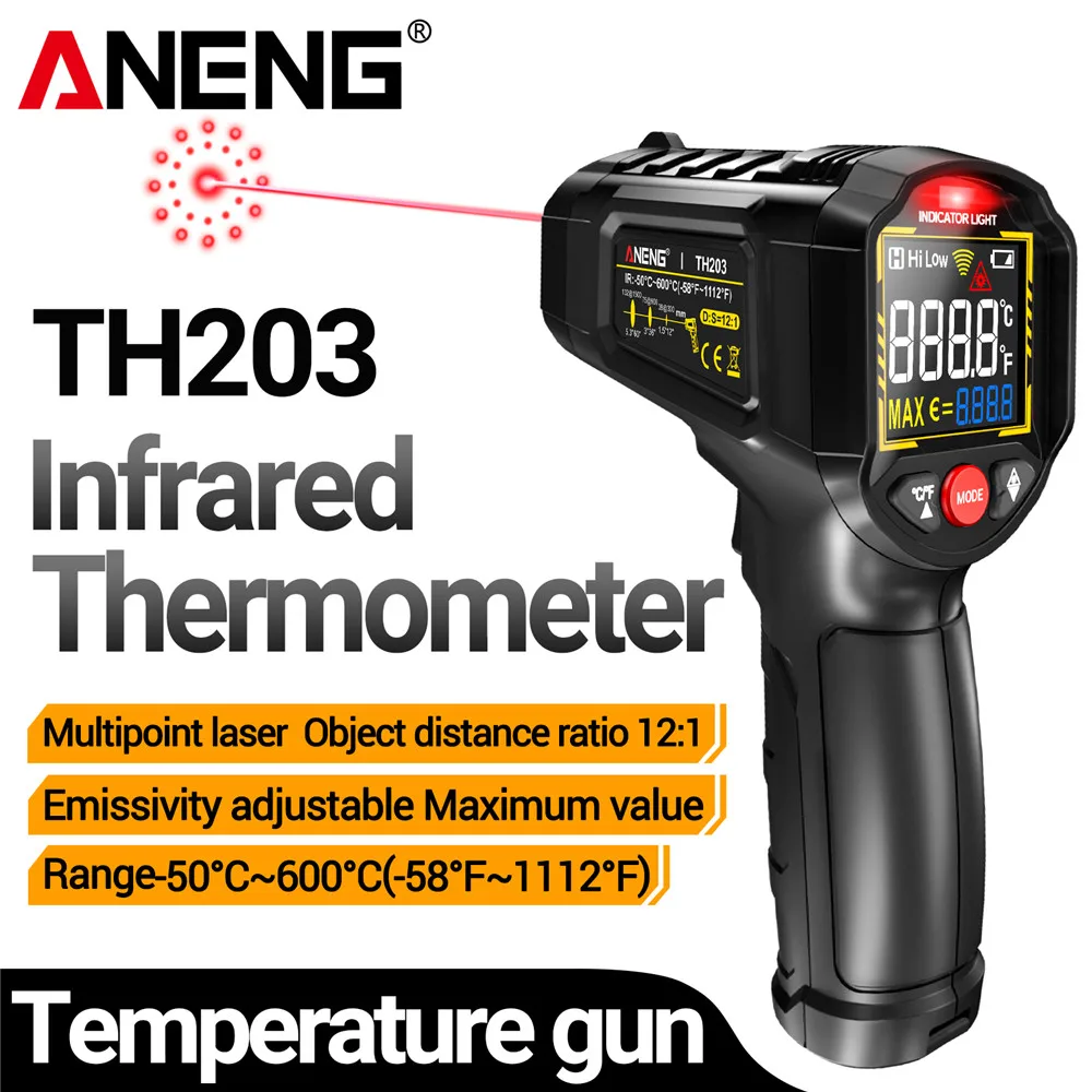 ANENG TH203 Infrared Thermometer 50°C~600°C Non-contact Grade 12:1 Object Distance Ratio VA Reverse Pyrometer Test IR Hygrometer