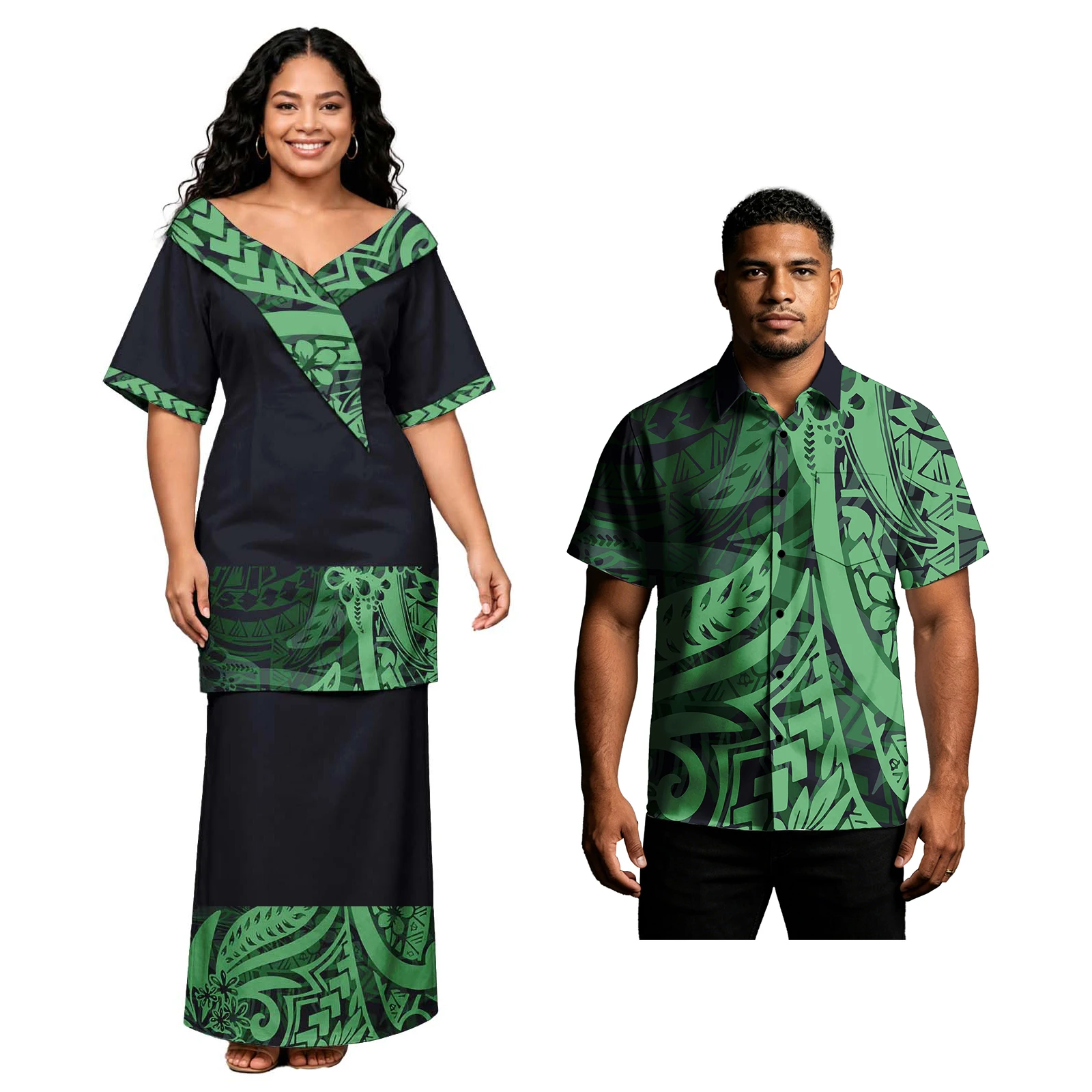 Conjuntos de Pareja con Estampado Tropical Hawaiano para Fiestas, Camisas de Botones Polinesias para Hombre, Diseño Tribal para Mujer, Puletasi Samoano para Iglesia