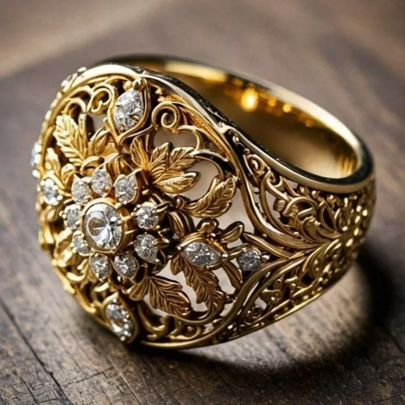 Delicate Gorgeous Dazzle Synthetic Zirconia Hollow Floral Ring for Women Luxury Elegant Banquet Celebration Jewelry Accessories