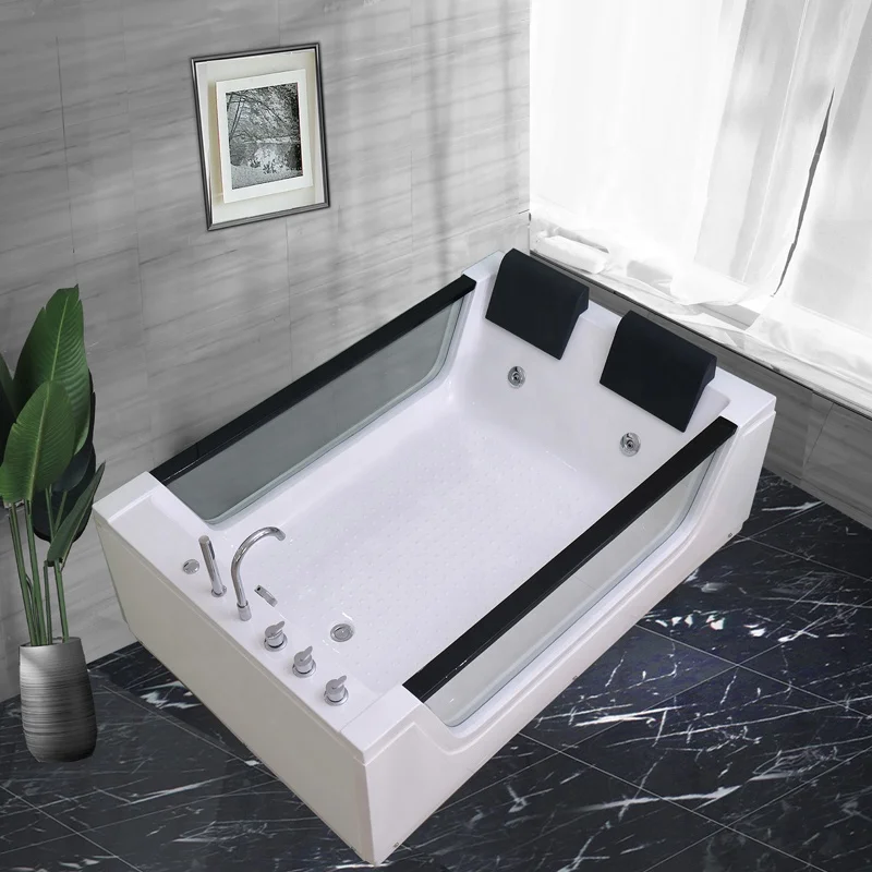 

STLFLuxury Acrylic Shower Bubble Bath MassageDouble Pillow LEDLights Spa Tub for2Person Adults Free Standing Tub Corner Bathtubs