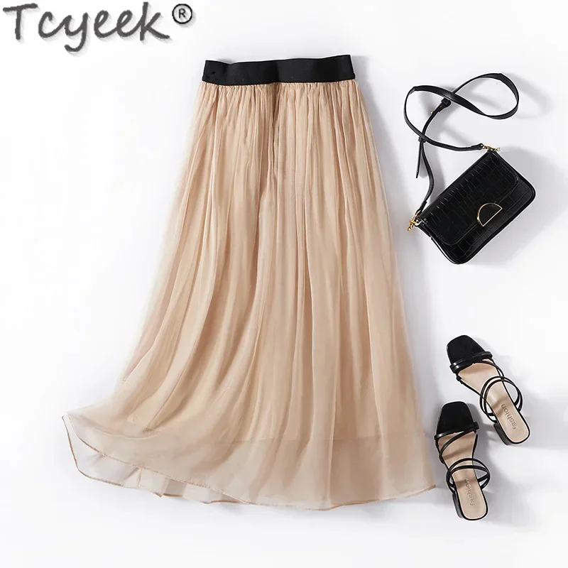 100% Tcyeek Mulberry Silk White Skirt Summer Women 2024 Versatile Skirts for Woman Clothes Streetwear Jupes Femme Special Offer