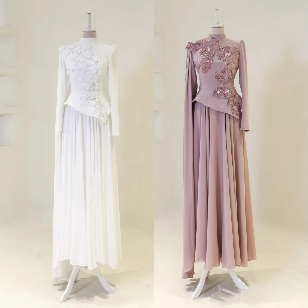 

Customized Applique Pattern Pleat High Collar A-line Long Dresses Bespoke Occasion Prom Luxury Evening Gown Gorgeous Formal