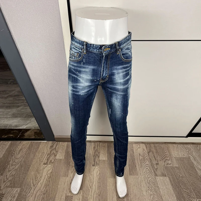 High Quality Men's Y2K Fashion Washed Nostalgic Stretch Slim Fit Blue Jeans High Street Hip Hop Brand Pants