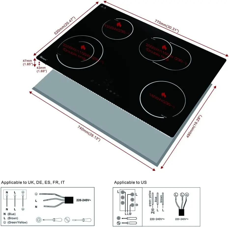 30 Inch 220V~240V, Drop-in Ceramic Cooktop Stove Burner,4 Burners Glass Cooktop with Flexible Ring,7200W Built in Electric Stove