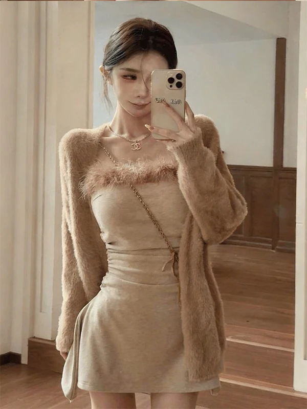 

Сексуальный комплект из двух предметов: топ-бандо и брюки с высокой талией из искусственного меха в стиле пэчворк, осенне-зимний, французский повседневный стиль