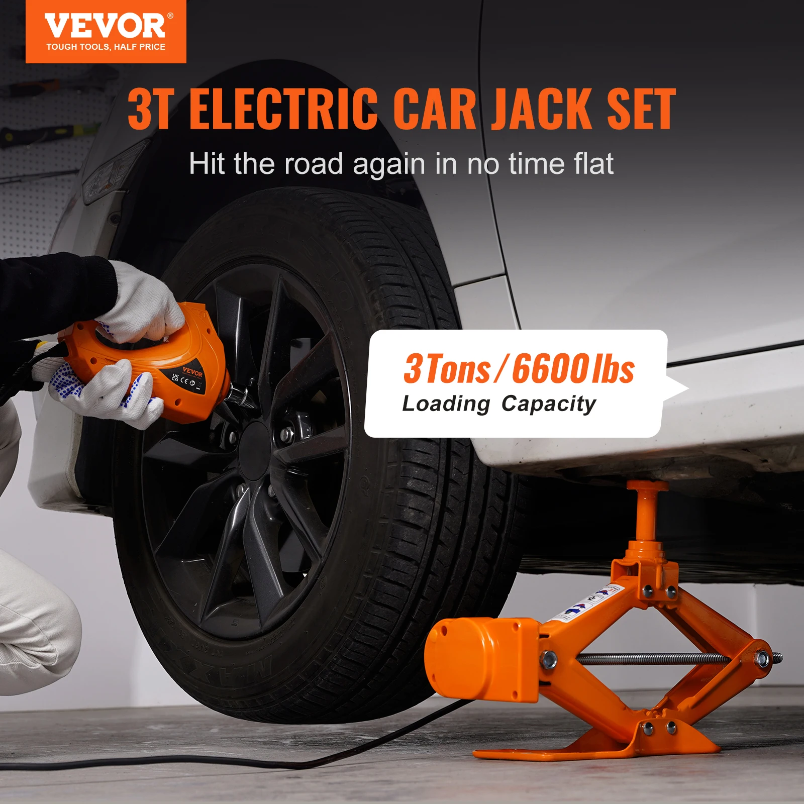 VEVOR 3 톤 전기 자동차 잭 리프팅 세트, DC 12V 자동차 가위 플로어 잭 키트, 임팩트 렌치, 에어 펌프, SUV 자동차 수리 도구
