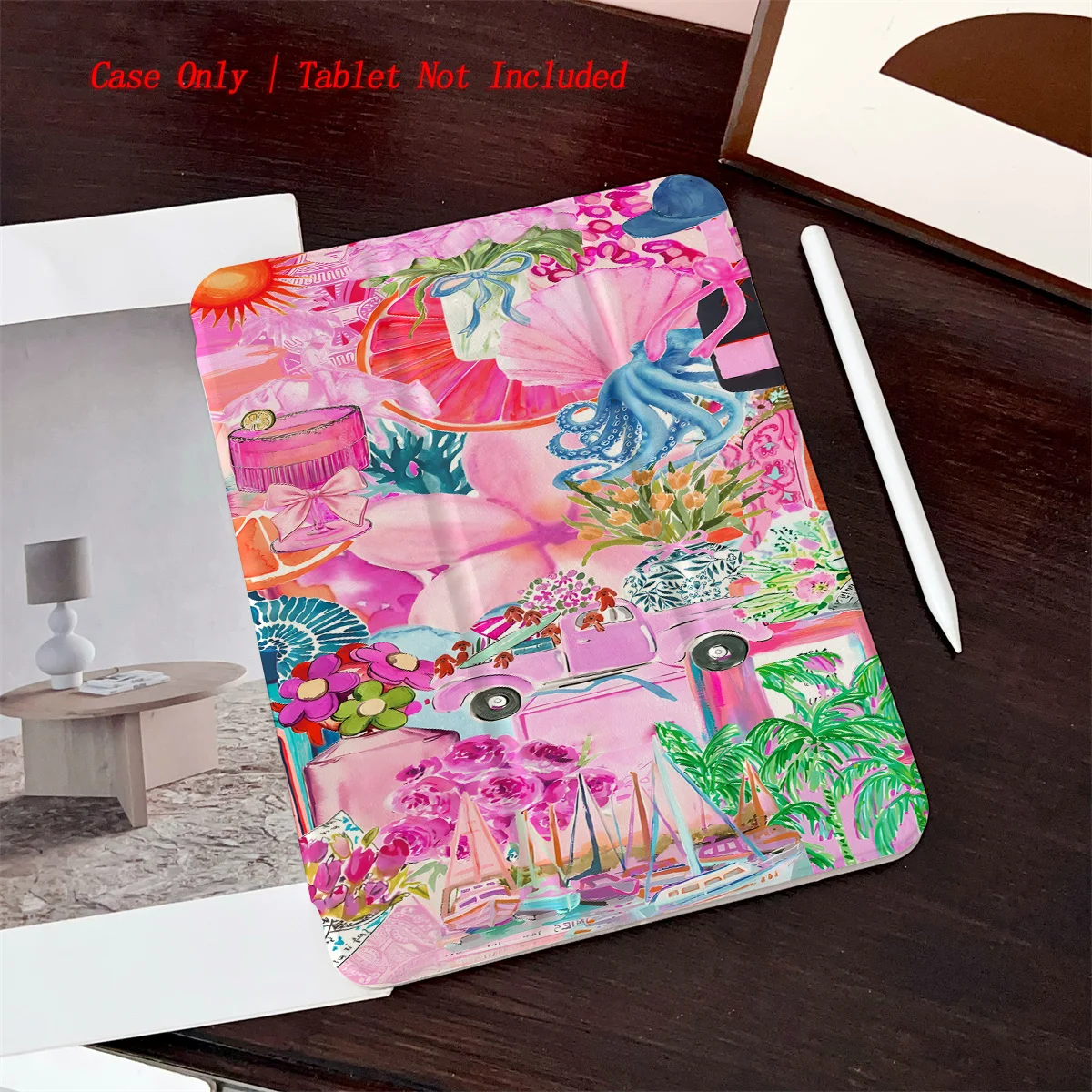 

360° Rotating Stand iPad Case - Tri-fold Cover Compatible with Air 5/Pro 12.9/mini 6 - Pink Floral Print Anti-Slip Shell