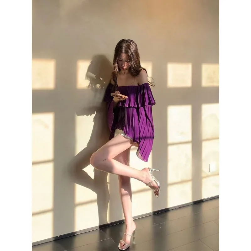 بلوزة مثيرة مكشكشة باللون الأرجواني بكتف واحد للنساء في بلوزات صيفية بمزاج شهوة نقي قميص شيفون مكشوف الأكتاف للتخسيس #4