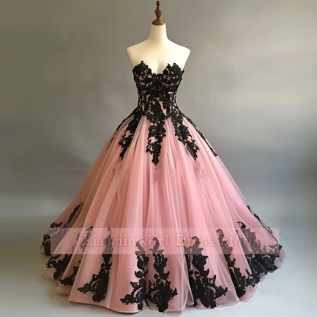 Vestido de noche Formal para graduación, apliques de tul rosa y negro sin tirantes, longitud completa, con cordones en la espalda, ropa de regreso a casa de cumpleaños, W9-10