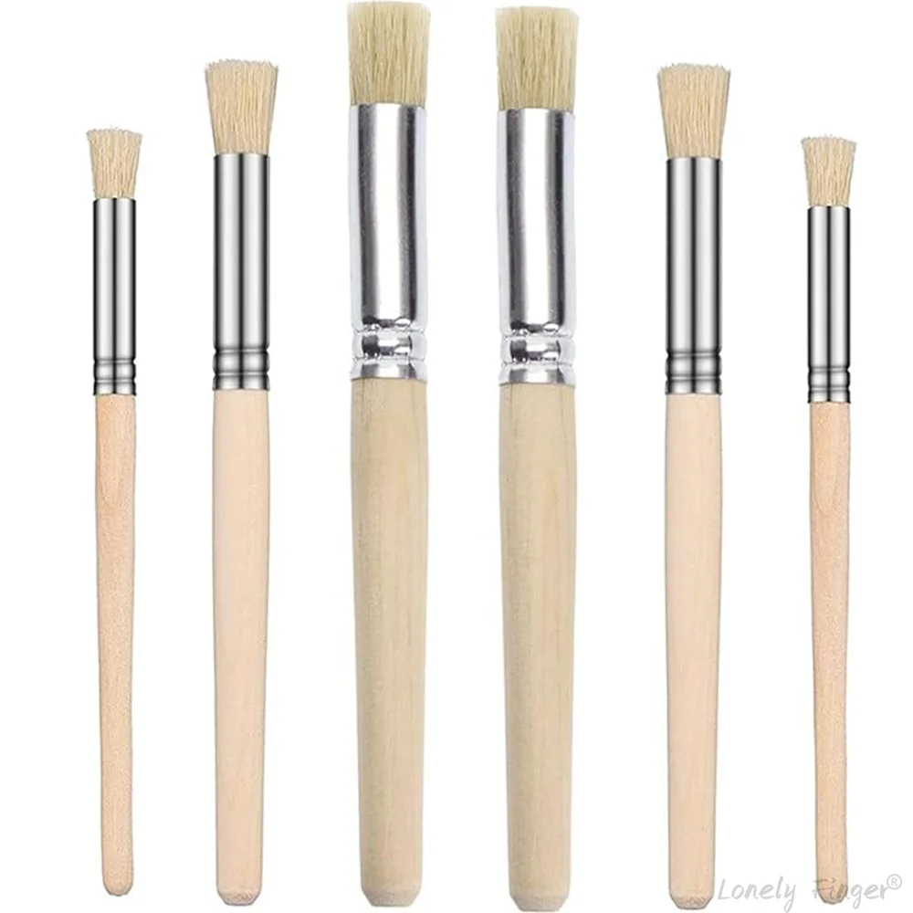 

6pcs Wood Handle Stencil Brush Set Natural Bristle Art Painting Brush for DIY and Crafts Painting Oil Color Painting