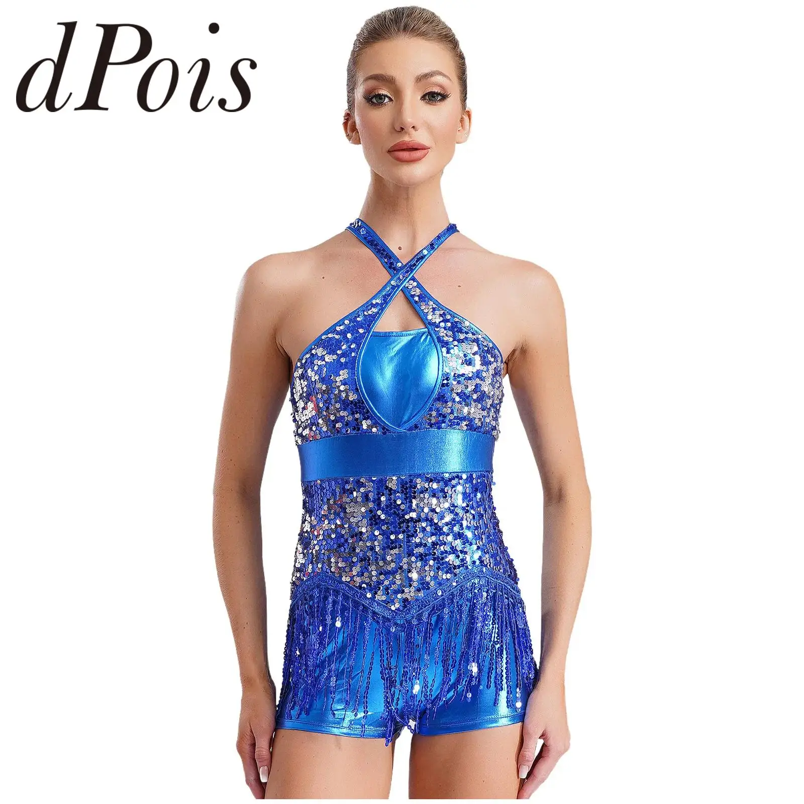 

Womens Latin Dance Cha-Cha Performance Costume Sparkly Sequins Tassel Leotard Fashion Cutout Back Fringed Bodysuit Dancewear