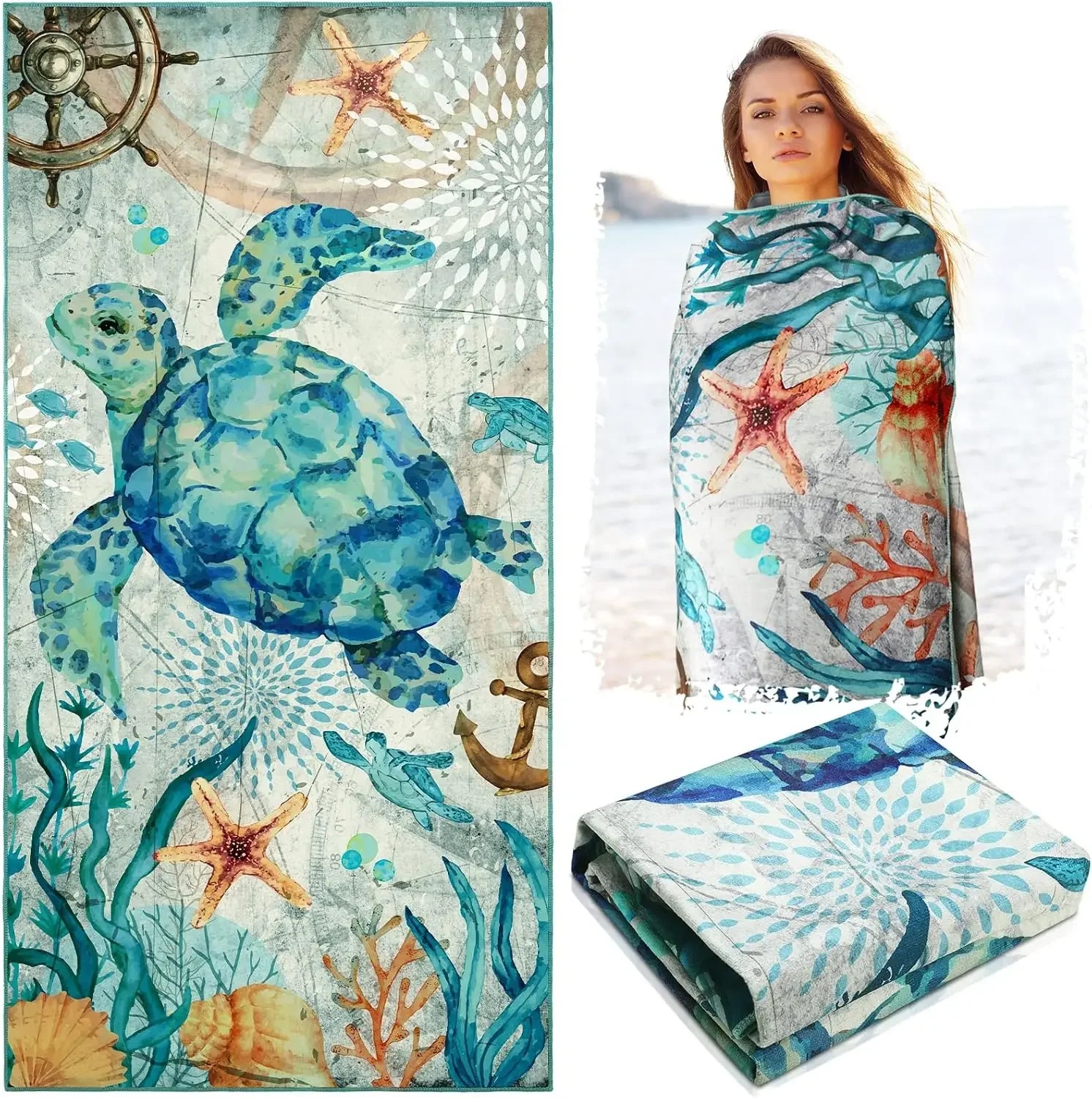 Tropical Sea Turtle Beach Towel Wrap Nautical Ocean Print Bath Mat Coastal Decor Summer Vacation Gift Marine Life Artwork