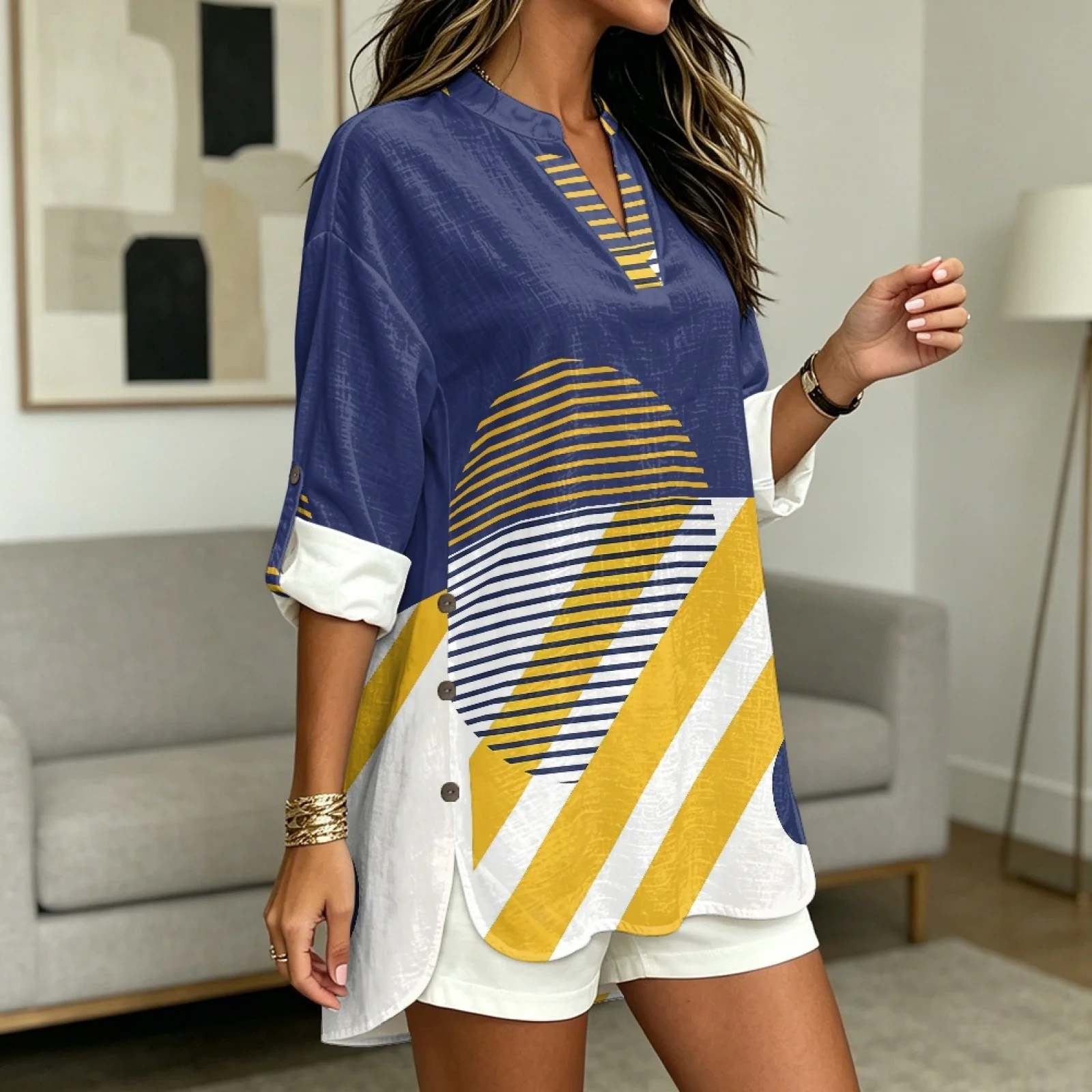 INSTANTARTS Women'S Linen V-Neck Shirt Breathable Long-Sleeved Top Blouse Roll-Up Cuffs Lightweight Comfortable Soft Abstract view 3