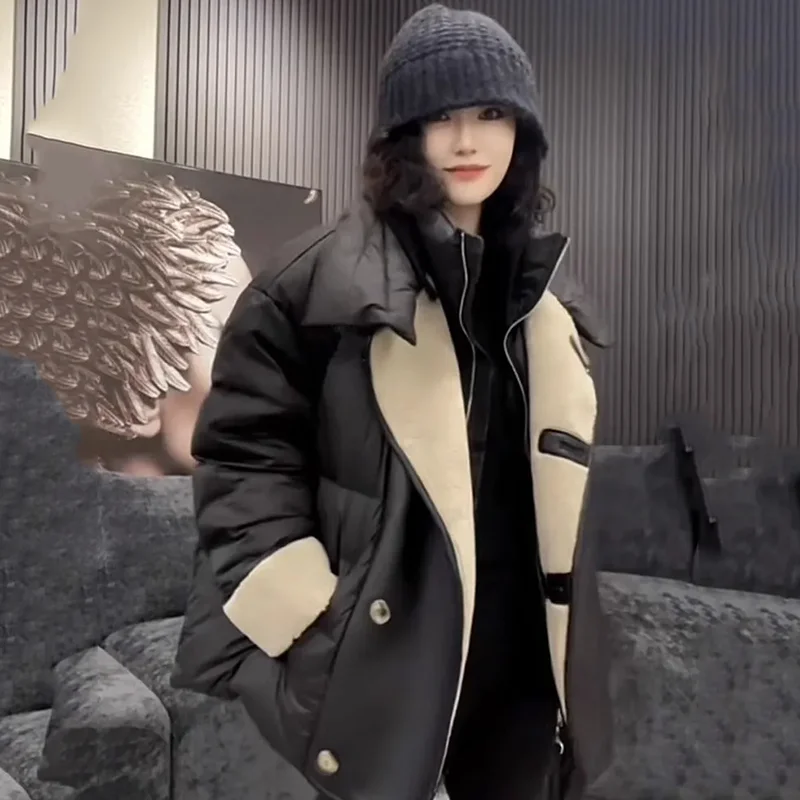 Women's Lamb Wool Lapel Down Cotton Jacket Short Coats Female Outerwear Thick Winter Coat Korean Fashion New