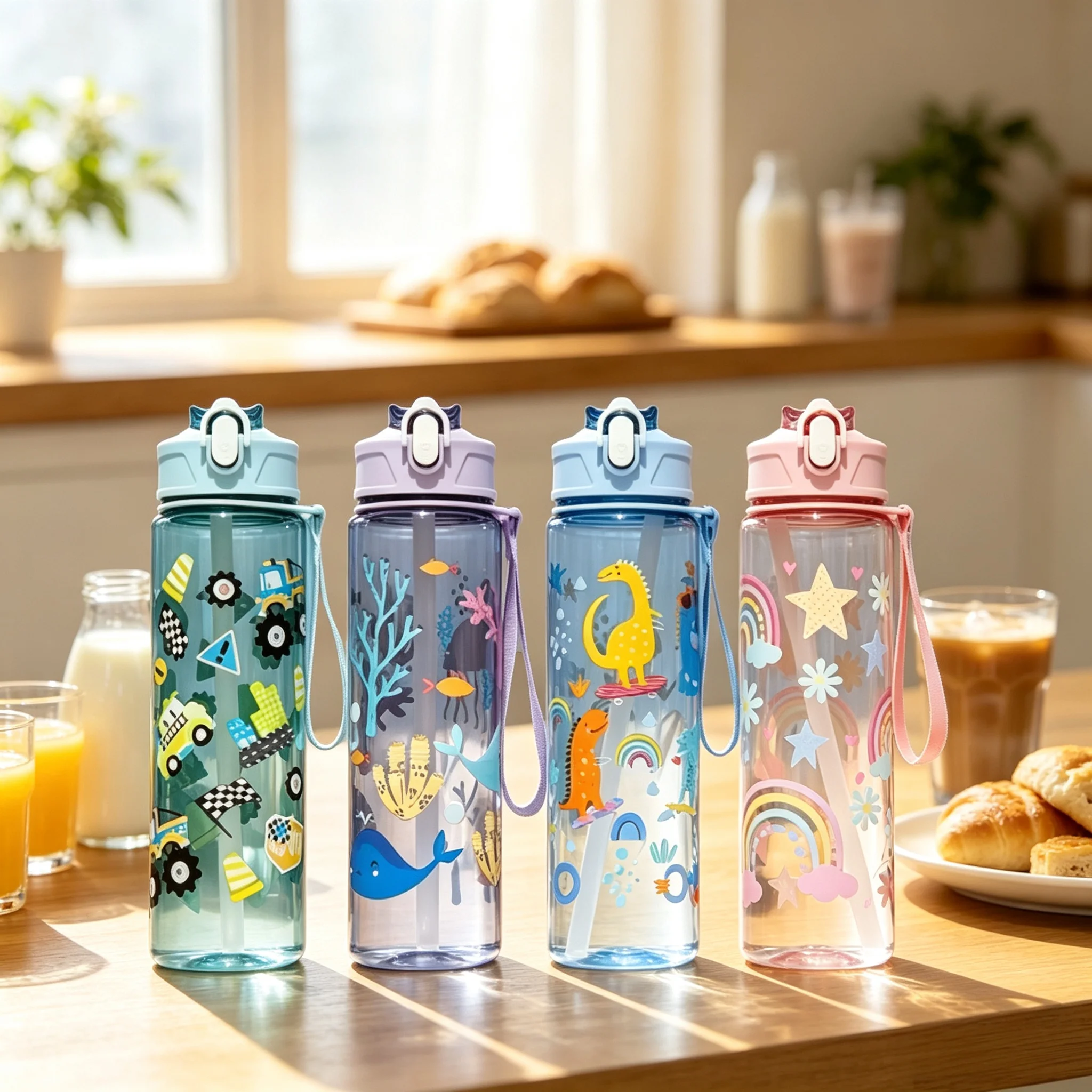 750ml Dinosaur Water Bottle For Kids Water Sippy Cup With Silicone Straw Leakproof Plastic Water Bottles Summer Kids Water Cup