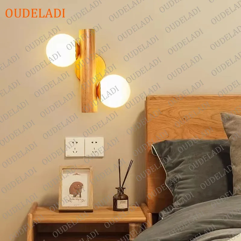 

OUDELADI Wooden Wall Lamps for Living Room Bedside Glass ball Decor lamp Stairs Aisle Rest Area Farmhouse Background Wall sconce
