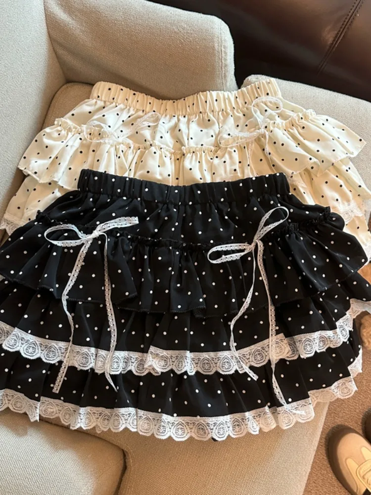 

Новая летняя женская короткая юбка в стиле Sweet Girl с кружевной отделкой и принтом в горошек, пышная, дышащая, с высокой талией, для создания образа Spicy Girl